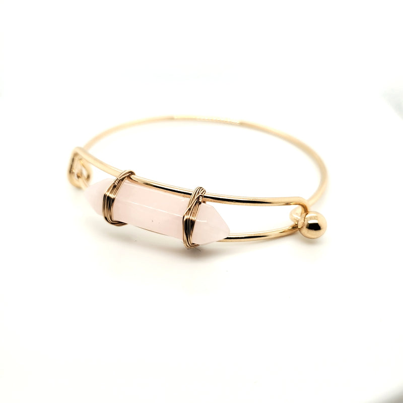 Rose Quartz Bangle with Bullet Pendant in Brass