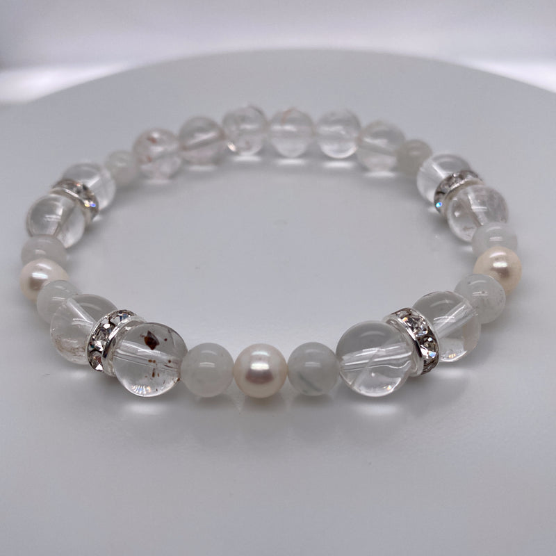 Clear Quartz, Rainbow Moonstone, Pearl Stretch Bracelet 6-8 mm