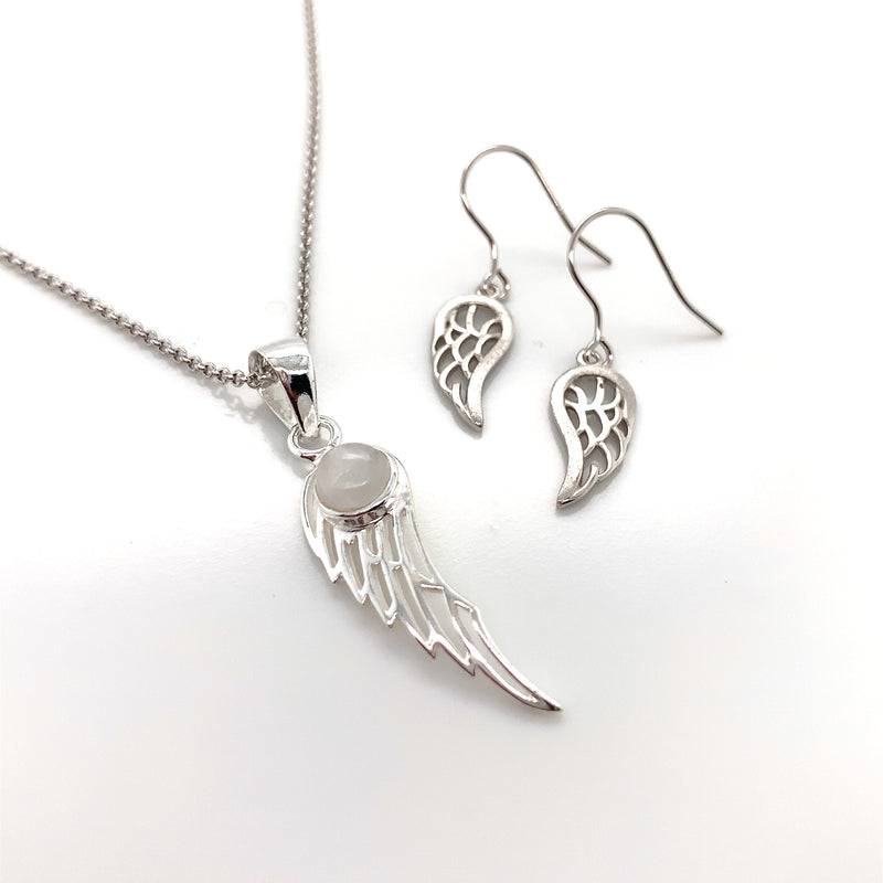 Sterling Silver Rainbow Moonstone Angel Wing Necklace & Earring Set